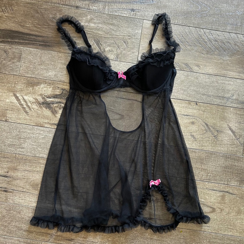 Victoria's Secret Black Mesh Ruffle Babydoll Slip Pink Bows 36C Lingerie